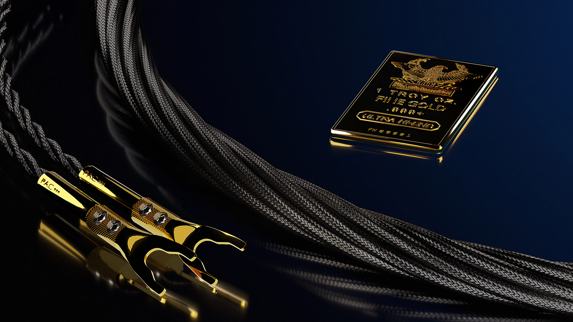 Exquisitely fashioned, this Custom-engineered Silver Alloy 750 / Gold Alloy REFERENCE Speaker Cable MK-IV displays sleek sophistication.