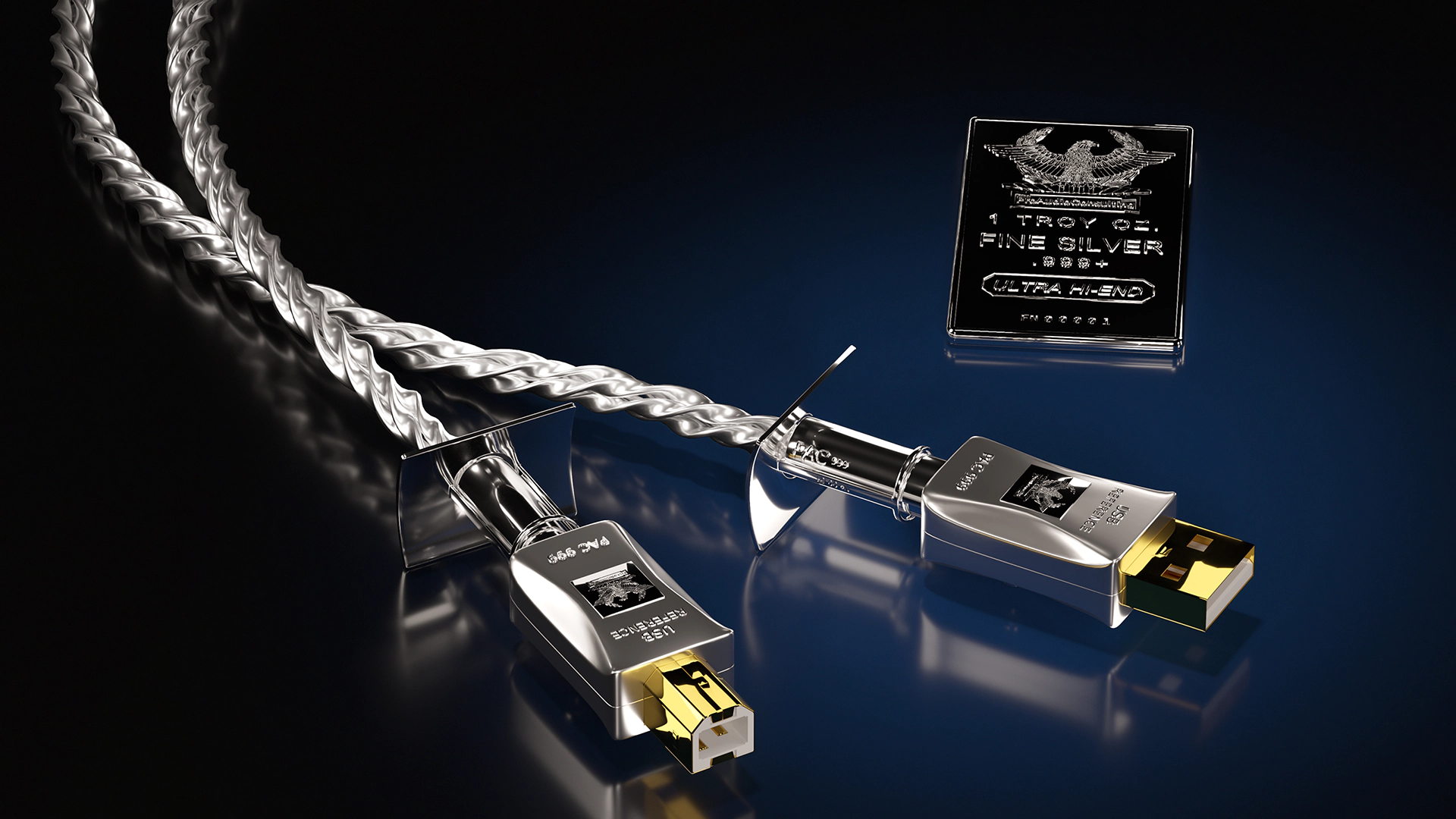 Beyond its technical excellence, our High-End Fine Silver 999+ hand-forged USB REFERENCE Cable merges rugged might with elegant flair.