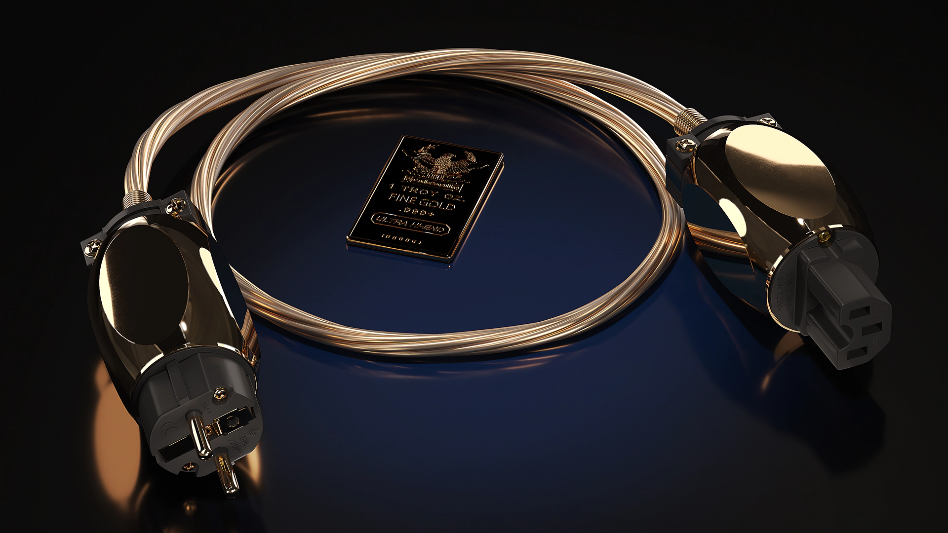 Enhance your balanced transformer system with the remarkable 110V High-End Power Cable MK-II, hand-forged from fine 24K solid gold.