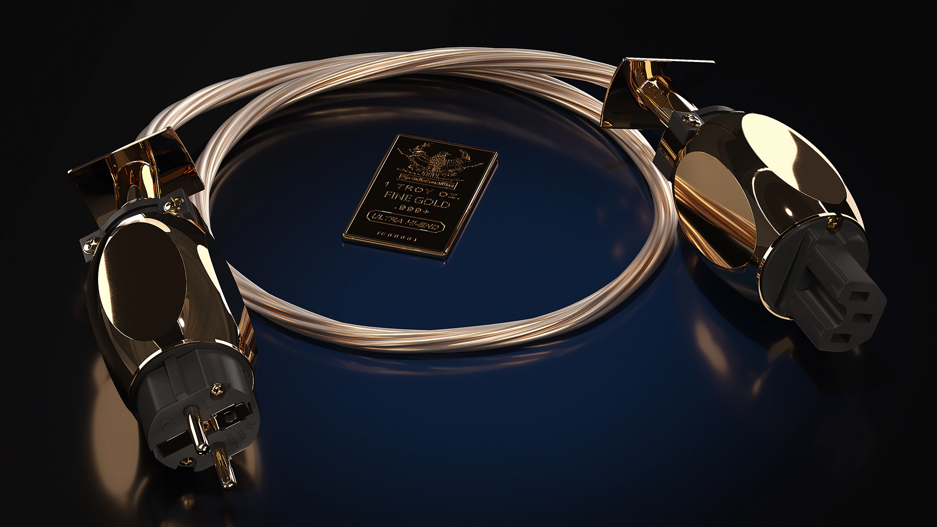 24K hand-forged solid gold 110v High-End Power Cable MK-IV. Dependable accessory for your balance transformer correction system.